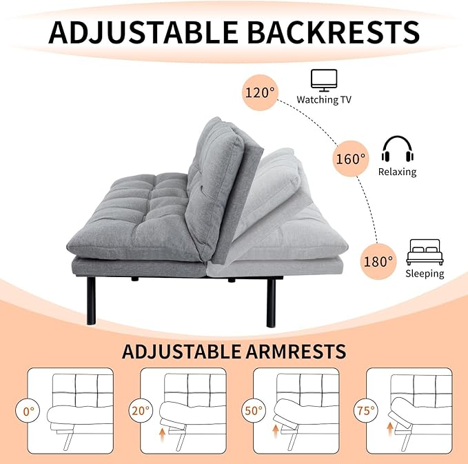 MUUEGM Futon Sofa Bed Modern Memory Foam Futon Couch Sleeper SofaLove seat Convertible Sofa with Adjustable Armrest Backrest for Compact Living Spaces71'' x33''x31.5''Linen FabricGrey