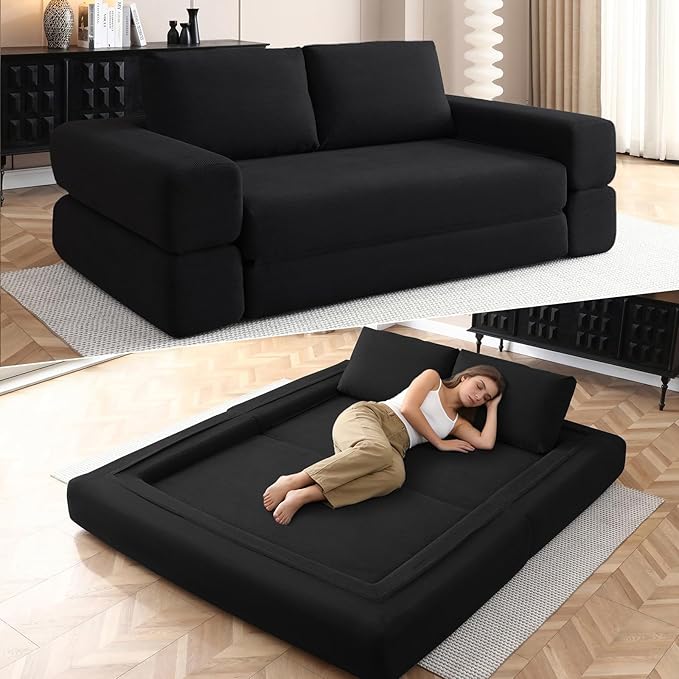 81 Inch Convertible Folding Sofa Bed Fold Out Couch Bed Corduroy Futon Couch with Back Pillows Boneless Sofa Comfy Lounge Floor Sleeper Mattress Loveseat for Living Room Bedroom Black