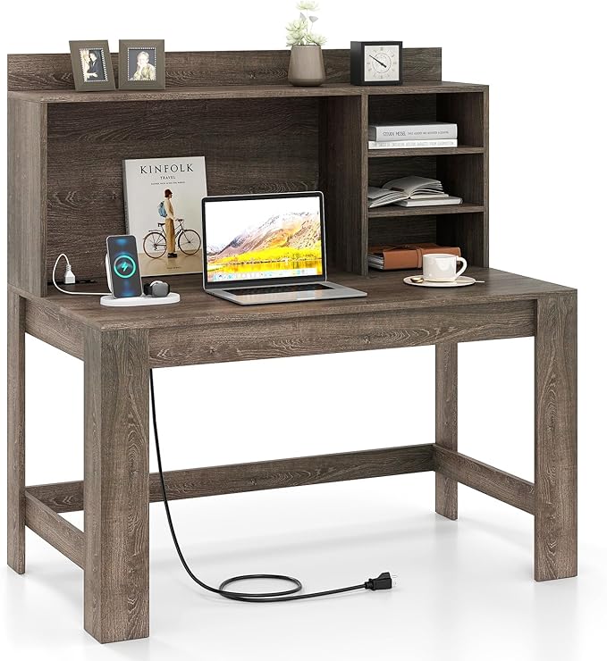 Giantex Computer Desk with Hutch Modern Home Office Desk with Power Outlets Storage Shelves &amp Cable Hole Makeup Vanity Table Study Writing Desk for Bedroom Office Small Space (Grey Oak)