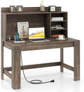 Giantex Computer Desk with Hutch Modern Home Office Desk with Power Outlets Storage Shelves &amp Cable Hole Makeup Vanity Table Study Writing Desk for Bedroom Office Small Space (Grey Oak)
