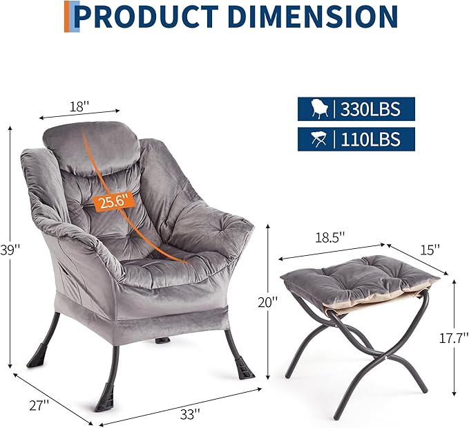 GarveeHome Lazy Chair with Ottoman Modern Lounge Accent Chair Leisure Sofa Armchair with Footrest Reading Armchair with Side Pocket for Living Room Bedroom Dorm &amp Office (Dark Grey 1PCS)