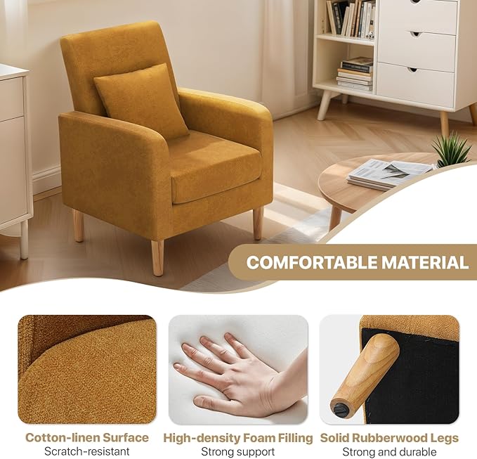 MoNiBloom Accent Chair with Back Pillow Upholstered Club Arm Chair Modern Living Room Chair with Wooden Legs for Bedroom Corner Living Room Reading Nook Yellow