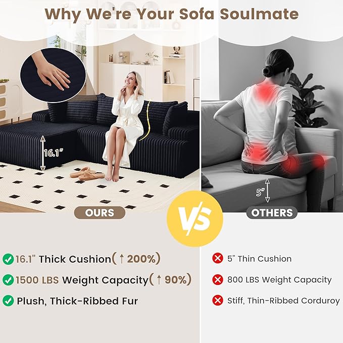Cloud Couch Upholstered Cloud Sofa Sectional Couch with L Shape Chaise Fluffy Comfy Boneless Couch with Deep Seat &amp Throw Pillows Cloud Couches for Living Room No Assembly Required Black