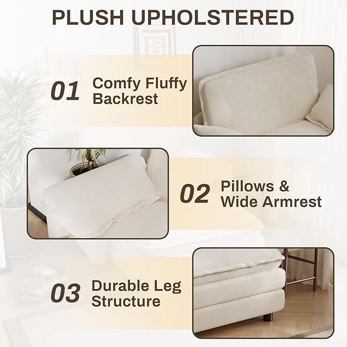 43 Oversized Chenille Single Sofa Chair Deep Seat Chaise Lounge Chair Upholstered Armchair Modern Accent Chairs for Living Room Bedroom Office Apartment Beige
