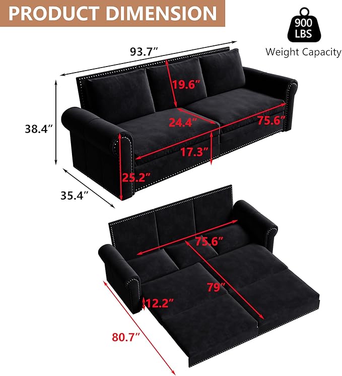 93.7 King Pull Out Sofa Bed 3 in 1 Convertible Sleeper Sofa 3 Seat Couch with Nailhead Trim &amp Rolled Arm for Living Room Apartment Office Black Velvet