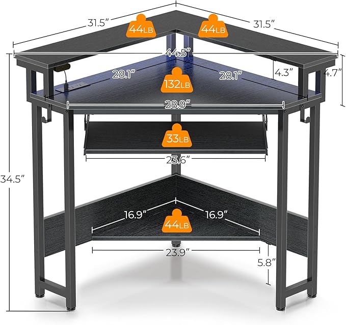 Rolanstar Corner Desk44.5 W x 34.5 H Small Computer Desk with Power Outlets Gaming Desk with LED Lights Triangle Corner Table with Keyboard Tray &amp Monitor Stand for Small Space Black