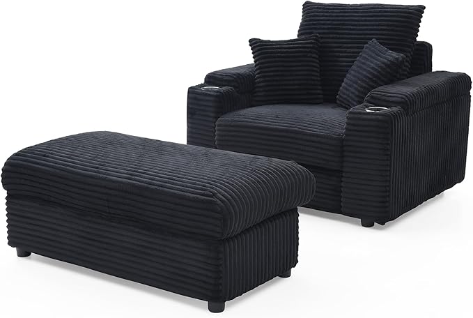 43.3 W Corduroy Chaise Lounge Chair with with Cup Holders &amp Storage Ottoman Comfy Sleeper Chair with 2 Pillow Extra Wide Armrests Modern Deep Seat Reading Armchair for Living Room (Black)