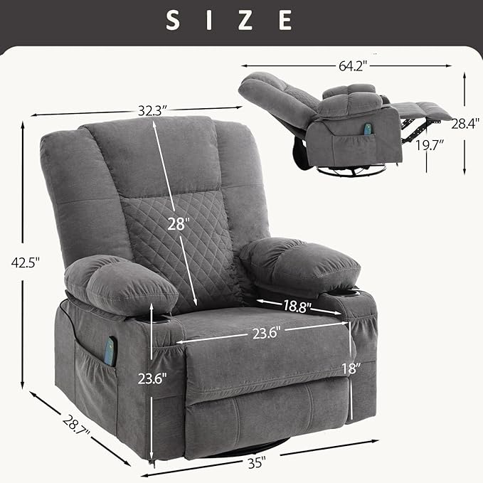 Swivel Rocker Recliner Chair with Massage Heat Overstuffed Fabric Recliners Oversize Lounge Chairs for Adults Manual Reclining Home Theater Single Sofa with Cup HoldersUSB Charge PortGrey