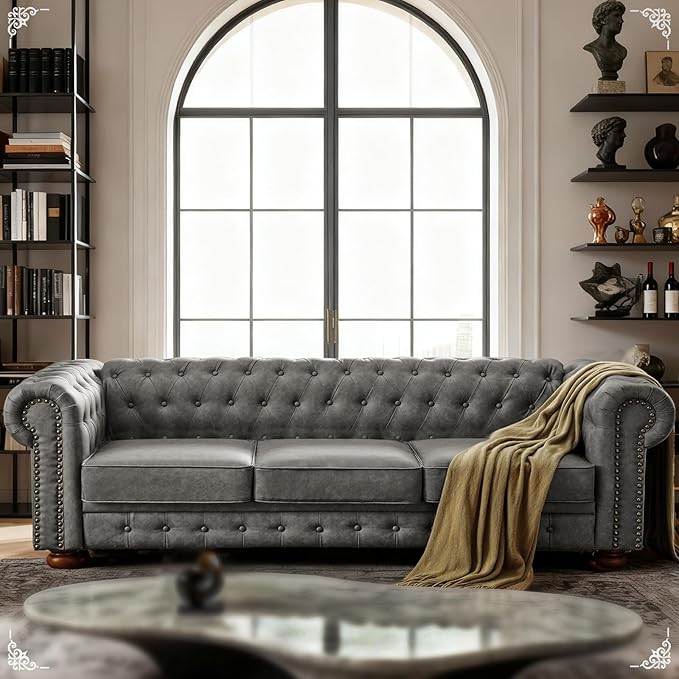 Dreamzie 89 Chesterfield Sofa Couch 3-Seater Leather Vintage Couch Mid Century Modern Sofa with Rolled Arm for Living Room Office Grey