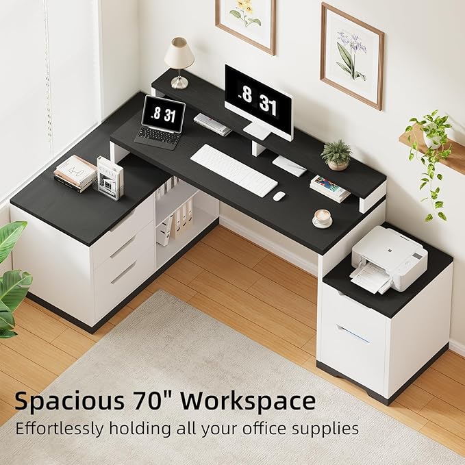 Computer Desk with Drawers White Office Desk with File Drawer 71 Wood Desk with Printer Space &amp Monitor Shelf for Home Office