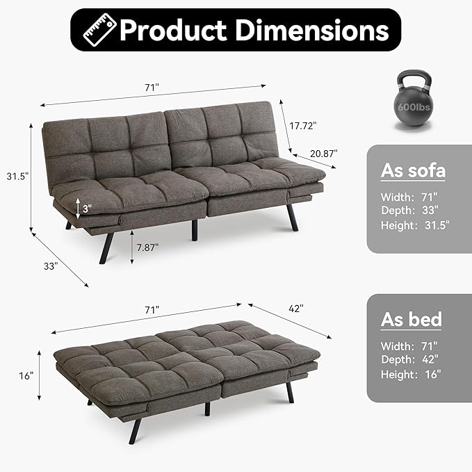 Vyfipt 71 Convertible Futon Sofa Bed3-in-1 Linen Fabric Futon Couch with Memory Foam Modern Foldable Sleeper Loveseat for Small Spaces Living RoomOffice &amp ApartmentDark Grey