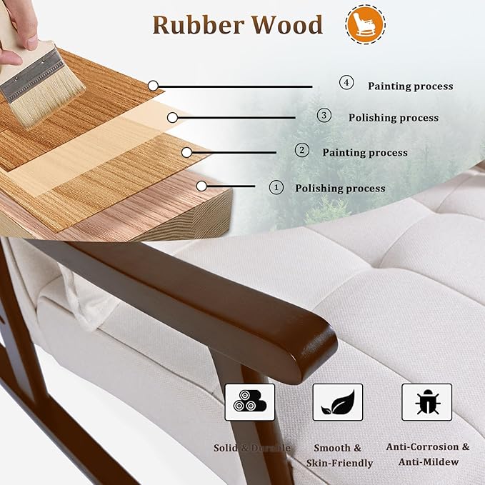 NOBLEMOOD Upholstered Rocking Chair with Ottoman Modern Indoor Nursery Glider Rocker Chair Solid Wood High Back Armchair with Fabric Padded Seat for Living Room Bedroom