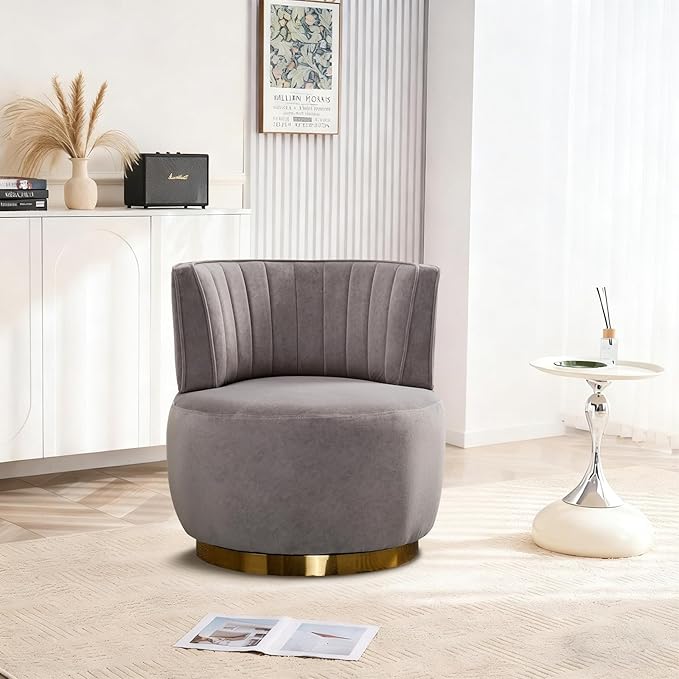 360 Degree Swivel Accent Chair Comfy Round Swivel Barrel Chair with Mental Base Upholstered Cozy Reading Armchairs Modern Lounge Sofa Chairs for Living Room Bedroom Club Office(Velvet Gray)