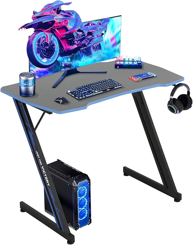 BLKMTY 35 Inch Gaming Desk Computer Desk with Headphone Hook Modern Gamer Desks Table for Home Office Dorm Sturdy Writing Workstation Z-Shaped Carbon Fiber Black Blue