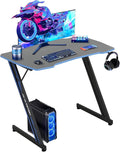 BLKMTY 35 Inch Gaming Desk Computer Desk with Headphone Hook Modern Gamer Desks Table for Home Office Dorm Sturdy Writing Workstation Z-Shaped Carbon Fiber Black Blue