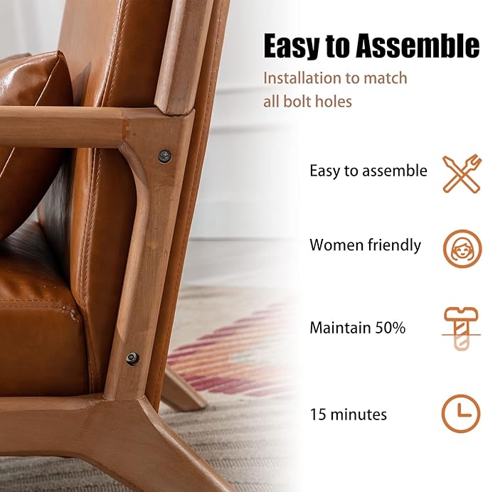 INZOY Mid Century Modern Accent Chair with Wood Frame PU Leather Reading Armchair with Waist Cushion Upholstered Living Room Chairs for Bedroom Sunroom (Camel)