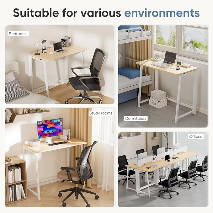 DUMOS 31.5 Inch Folding Desk Foldable Computer Table for Small Spaces Metal Frame Gaming Writing Work Station Mini Home Office Surface Oak