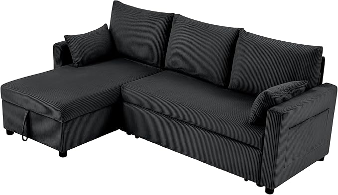 Sectional Sleeper Sofa with Pull Out Bed LShape Convertible Sofa Bed Couch with Storage Chaise 3 in 1 Pull Out Sofa Bed with 3 Seats for Living RoomApartment Black 85Inch
