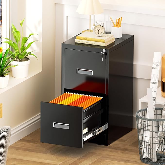 INTERGREAT 2 Drawers File Cabinet with Lock 18 D Metal Black Vertical Filing Cabinet for Hanging Folders Easy Assemble