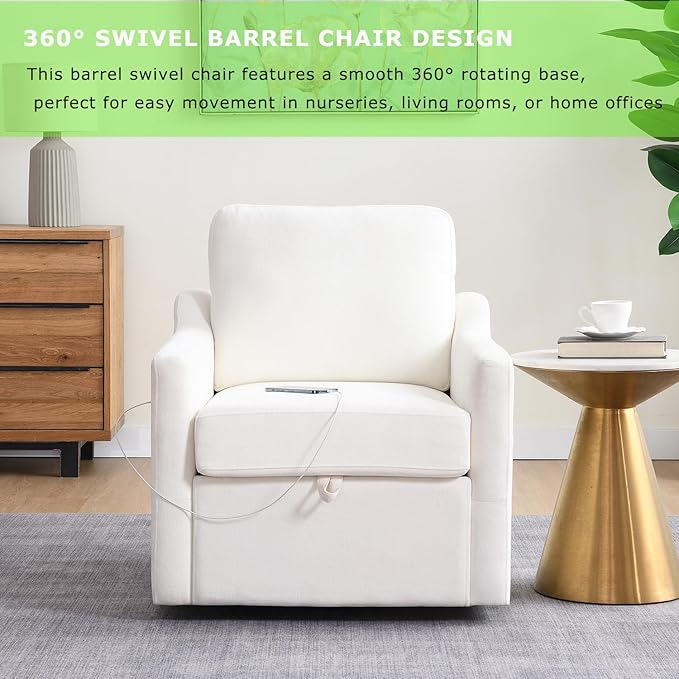 30 White Oversized Swivel Barrel Accent Chair with USB Charging &amp Under-Seat Storage360° Rotating Comfy Reading Arm Chair with Chenille Upholstered for NurseryLiving Room &amp Office(White)