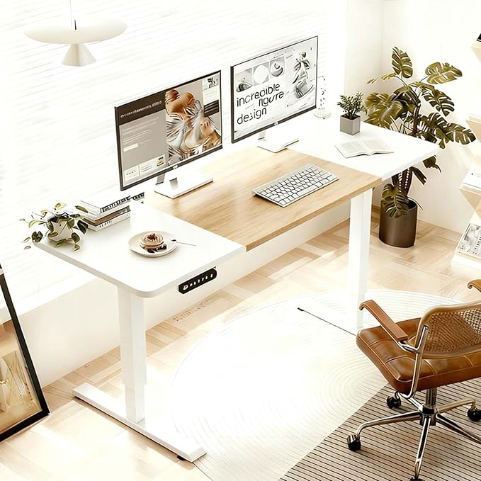 55 Electric Standing Desk Adjustable Height White Seated Stand up Computer Desks for Work Office Home Ergonomic Lift-up Gaming Tables with USB Charging Port (Oak+White-P)
