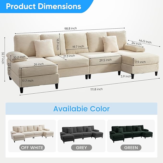 Mjkone 112 Width 4 Seater U Shaped Sofa Couch with Double Chaises Corduroy Sectional Living Room Sofa Couches with Sleepable Armrest Sleeper Sofas Couches Set for Living Room Sets Furniture Beige