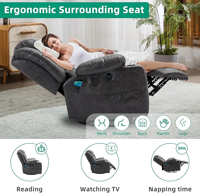VIVIJASON Manual Swivel Rocking Glider Recliner Chair with Heat &amp Vibration Massage 360° Swivel Overstuffed Reclining Chair with 2 Cup Holders Side Pockets &amp USB Ports for Living Room Gray