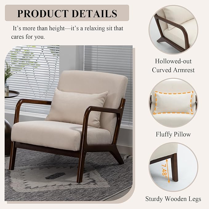 Minimalist Accent Chair Velvet Upholstered Mid-Century Modern Chair with Pillow Lounge Arm Chair with High Backrest Comfy Reading Chair for Living Room Balcony (White-Dark Brown)