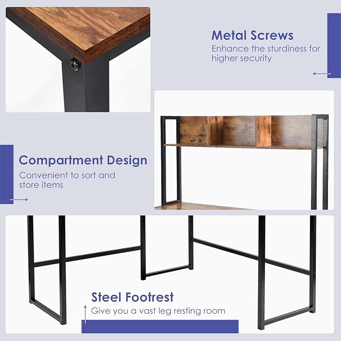 MEDIMALL L-Shaped Desk w/Storage Shelf Reversable Corner Desk Game Table w/Sturdy Metal Frame Multifunctional Computer Desk for Home Office (Rustic Brown)