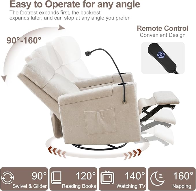 ABCASA Power Recliner Chair Swivel Glider Set of 2 Nursery Glider Recliner Chenille Rocking Recliner Chair with Adjustable Phone Holder Hidden Arm Storage USB &amp Type-C for Living Room Light B