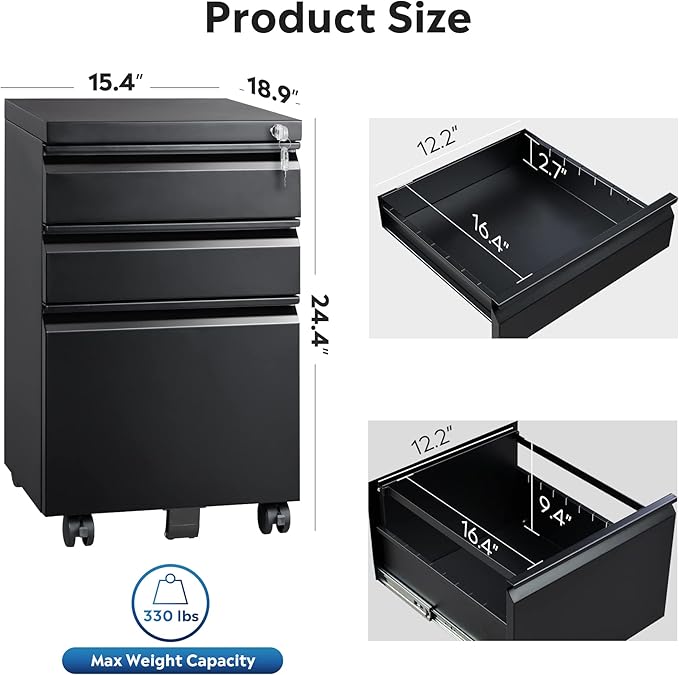 DEVAISE 3 Drawer Locking Mobile File Cabinet for Home Office Fully Assembled Except Casters Letter/Legal SizeCarbon Black