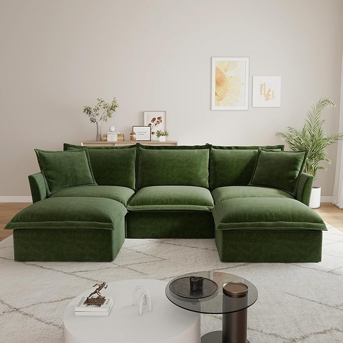 120 Inch 3-Seater Oversized Sectional Sofa with 2 Ottomans - Wide Deep Seat Removable Washable Chenille Fabric for Living RoomGreen