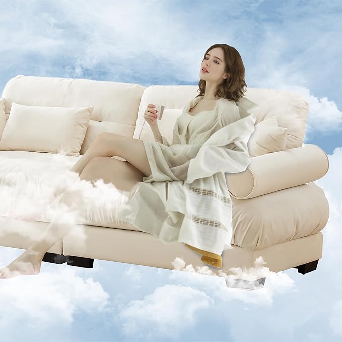Oversized Modern Cream Velvet 2-Seater Sofa with Ottoman L-Shaped for Living Room &amp Loft - Exquisite Stylish Design