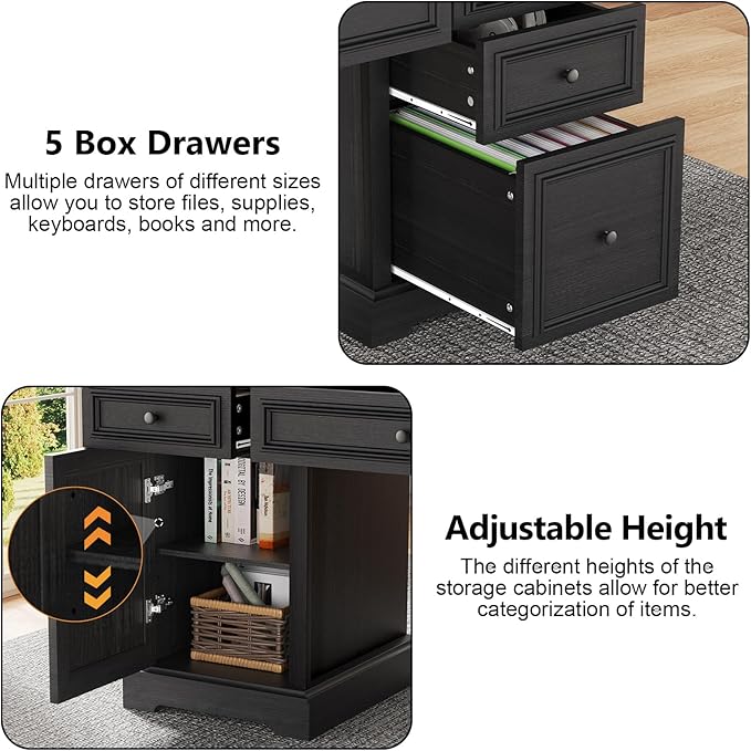 Vipbear 60 Executive Desk Farmhouse Computer Desk with Drawers and File Cabinet Embossed Texture Home Office Desks Workspace for Work Study Writing Black