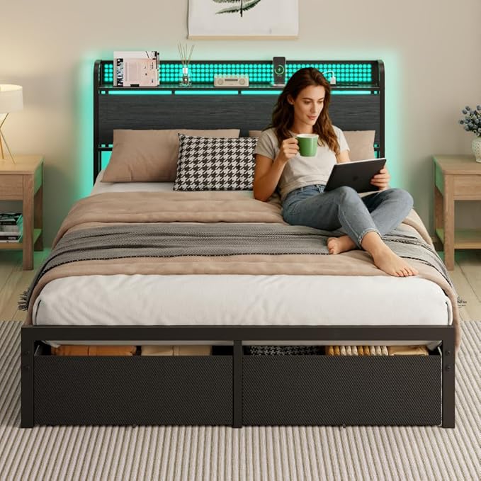Furnulem Queen Bed Frame with Headboard Storage Platform Bed Frame Queen Size with Charging Station 2 Drawers &amp LED No Box Spring Needed Noise Free Easy Assembly Rustic Grey (1000 lbs Capaci