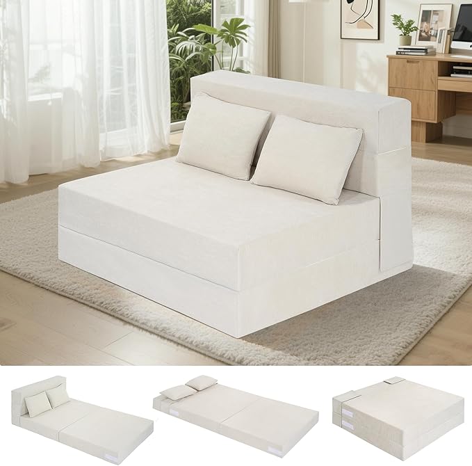 Folding Sofa Bed 4 in 1 Convertible Sleeper Sofa Bed Chair with Pillow Twin Memory Foam Loveseat Futon Sleeper Chair Foldable Futon Couch for Living Room Bedroom Guest Room Beige