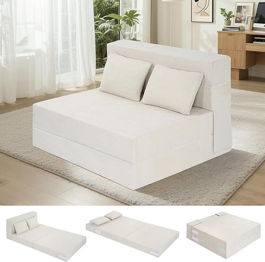 Folding Sofa Bed 4 in 1 Convertible Sleeper Sofa Bed Chair with Pillow Twin Memory Foam Loveseat Futon Sleeper Chair Foldable Futon Couch for Living Room Bedroom Guest Room Beige