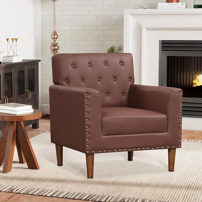 KOMFOTT Mid Century Modern Accent Chair Faux Leather Upholstered Armchair with Button Tufted Decoration &amp Rivets Rubber Wood Legs Soft Padded Seat Cushion Single Sofa for Living Room Home