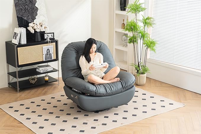 Power Recliner Sofa Chair 270 Degree Swivel Leisure Single Sofa with Button Control Wireless Speaker USB Ports Hidden Arm Storage and Phone Holder for Living Room Bedroom Grey PU (Without LED)