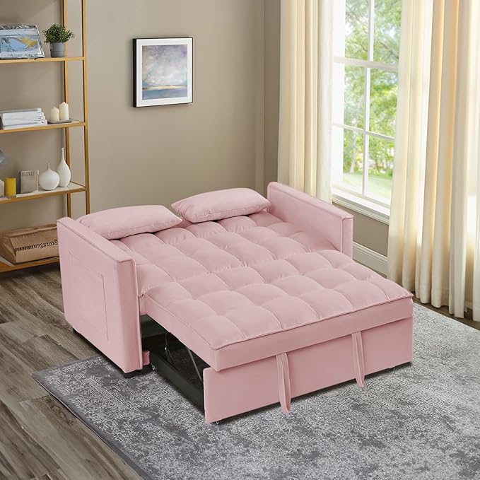 3 in 1 Convertible Sleeper Sofa Couch with Pull Out Bed55 Velvet Upholstered Futon Sofa BedModern Loveseat Sleeper Chaise with Adjustable Backrest for Living Room Guest Room Apartment(Pink)