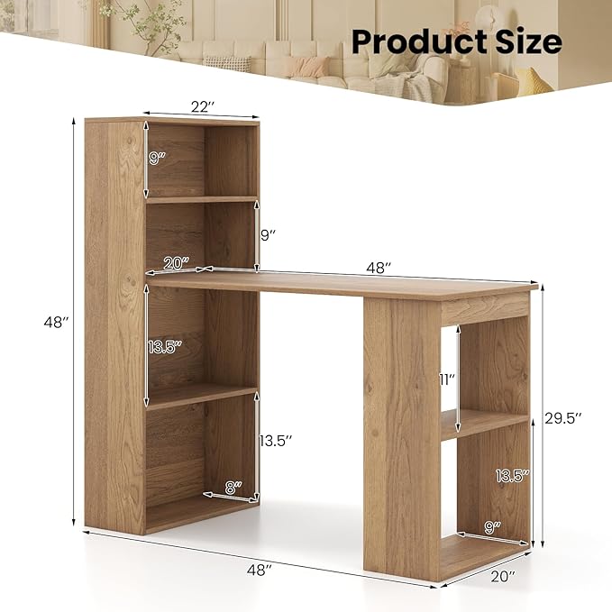 48 Inch Computer Desk with Bookshelf Reversible Study Writing Desk with Storage Shelves &amp CPU Stand Compact Office Desks &amp Workstations Small Desk for Bedroom Kids Room Study (Natural)