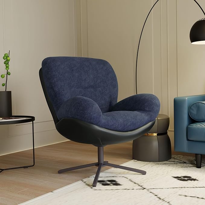 360° Swivel Accent Chair Modern Chenille Lounge Chair with Faux Leather and Black Metal Base Frame Comfortable Reading Chair for Small Spaces Living Room Bedroom Reading Corner Office Navy Blue