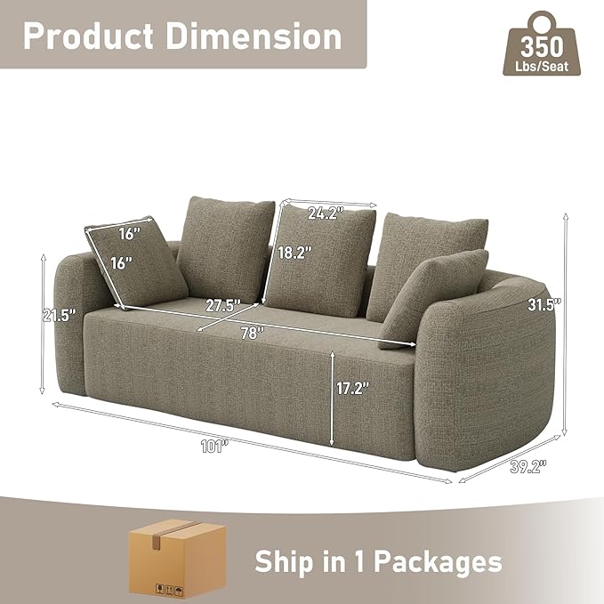 101 Curved Sofa Cloud Couch for Living Room Comfy Chenille 3-Seater Boneless Sofa Extra Deep &amp Wide Seat with 5 Throw Pillows No Assembly Needed Camel