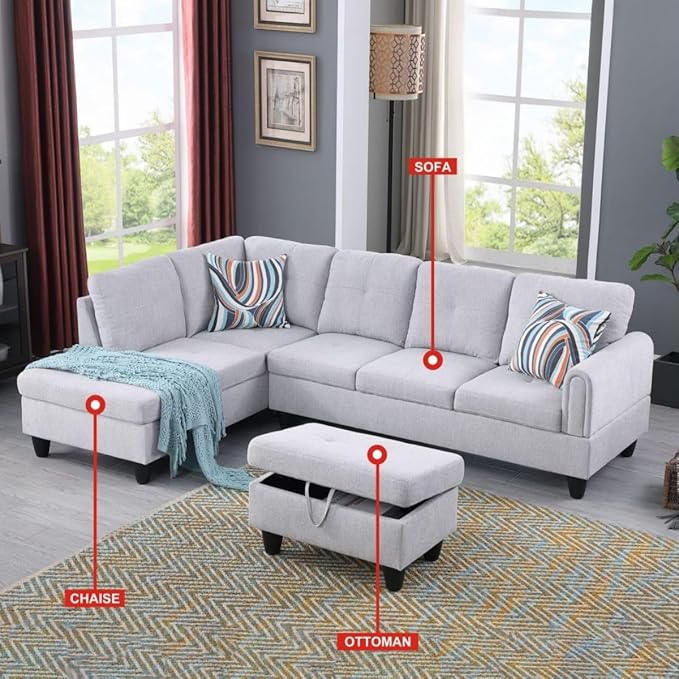 Grey L-Shaped 3-Piece Flannel Sofa with Storage Ottoman Set Sectional Couch Sofa Set for Living Room Office Small Space
