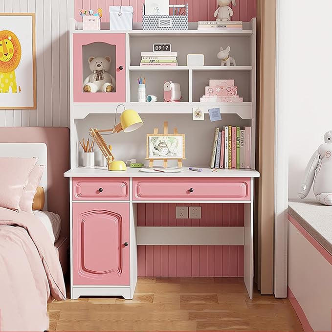 HM&ampDX Study Desk with Hutch &amp Bookshelf &amp DrawersWooden Computer Desk Home Office Desk Teenager DeskCute Writing Study Desk Bookshelf Combo for Girl Boy(31.5inch Pink)