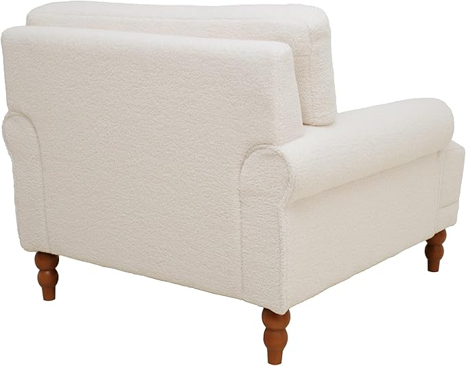 Teddy Fabric Accent Arm Chair with Solid Wood Legs | Ergonomic Lumbar Support Cozy French Country Chic Large Lounge Chair for Living Room Bedroom Study
