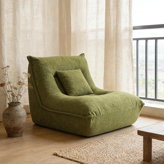 Chaise Lounge Chair - Modern Single Seater Floor Sofa with Pillow Memory Foam Filled Compressed Sofa for Bedroom Game Living Room - Comfortable Ergonomic Lounger No Assembly Needed Green