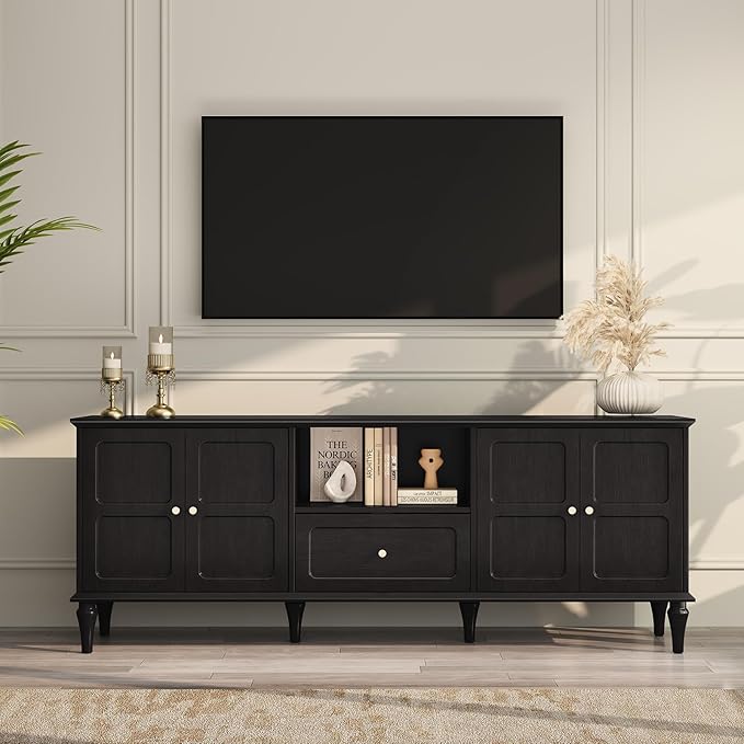 ARTPOWER 67'' Mid-Century Modern TV Stand with Storage Drawer and Doors Long TV Stand with Adjustable Shelves for 75 Inch TV for Living Room Bedroom Black