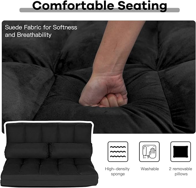 GOFLAME Convertible Floor Sofa 6-Position Couch With 2 Removable Pillows &amp Thick Sponge Cushion Adjustable Lazy Sofa Bed Load 330LBS for Living Room Bedroom Black