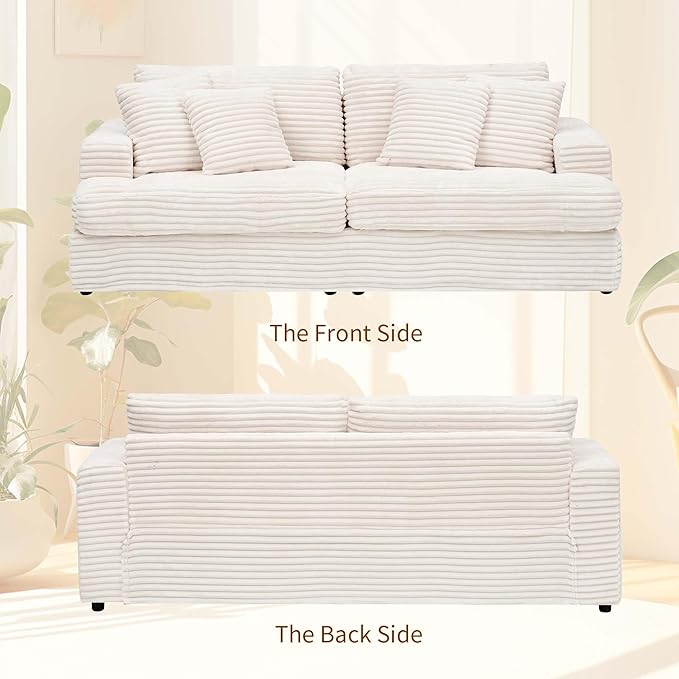 Modern Cloud Couch 3-Seater with 4 Matching Toss Pillows 88.58 Soft Corduroy Sofa with Deep Seat for Small Spaces Living Room Apartment (White)
